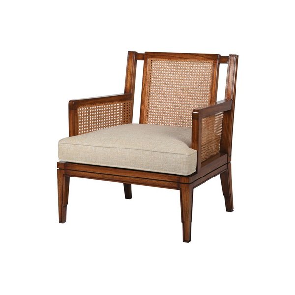 Vintage Wooden Armchair with Cane Backrest and Cushion