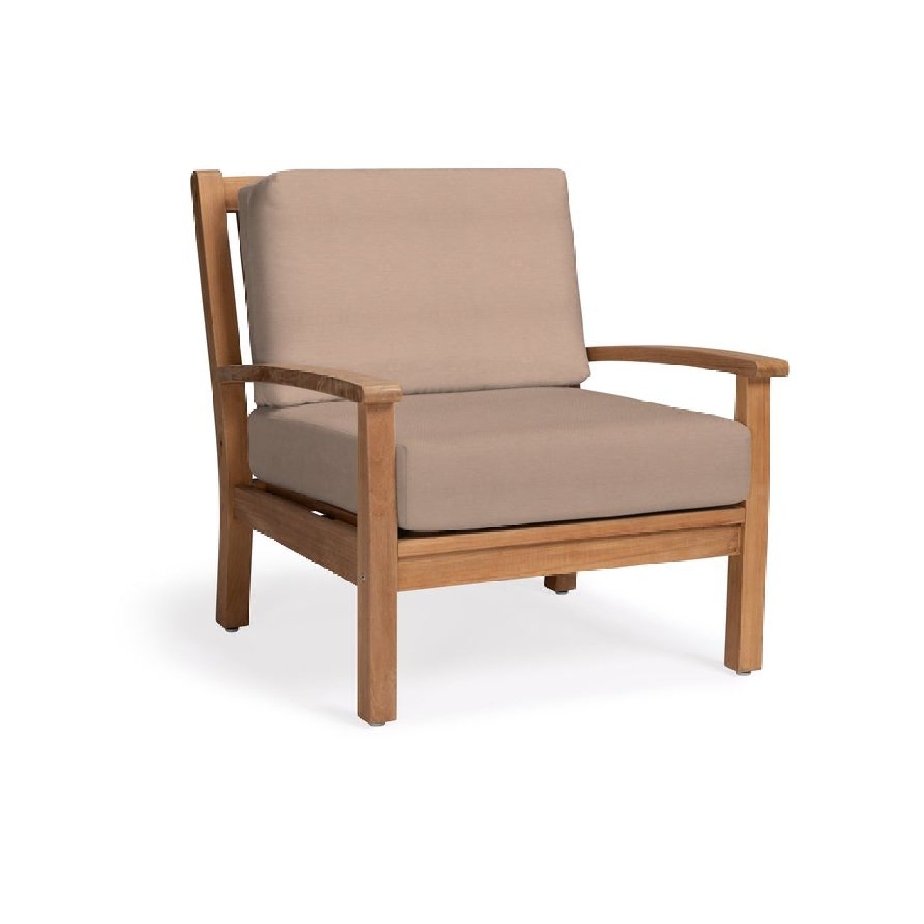 Comfortable teak wood armchair with brown cushions