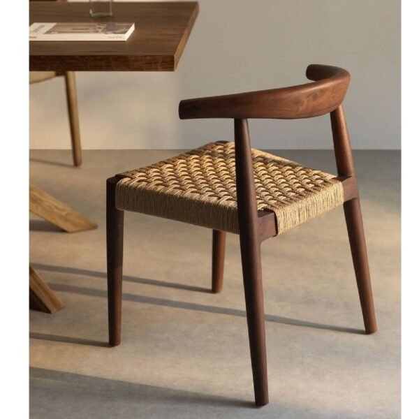Handcrafted Teak Dining Chair With Woven Rope Seat And Curved Backrest