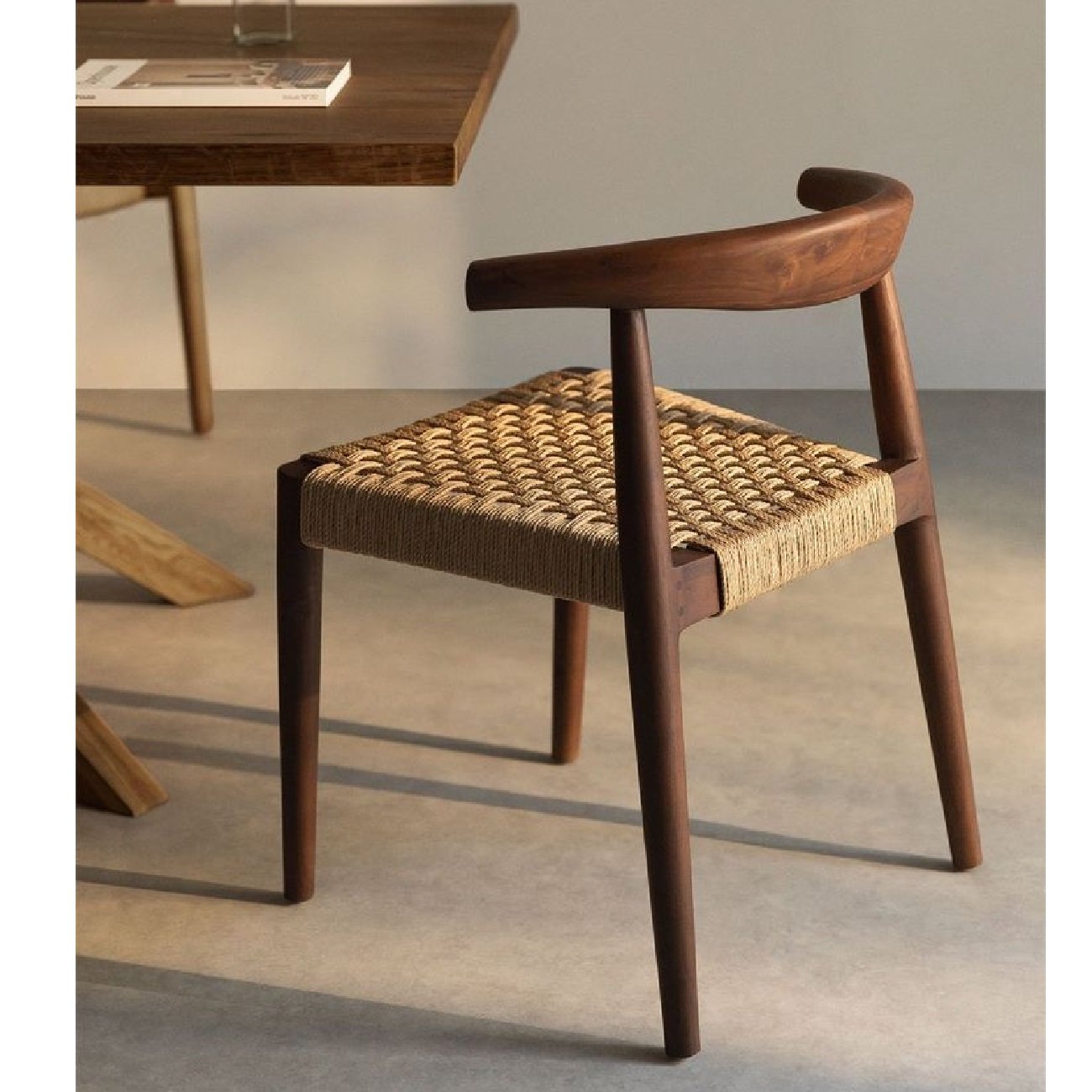 Handcrafted Teak Dining Chair With Woven Rope Seat And Curved Backrest
