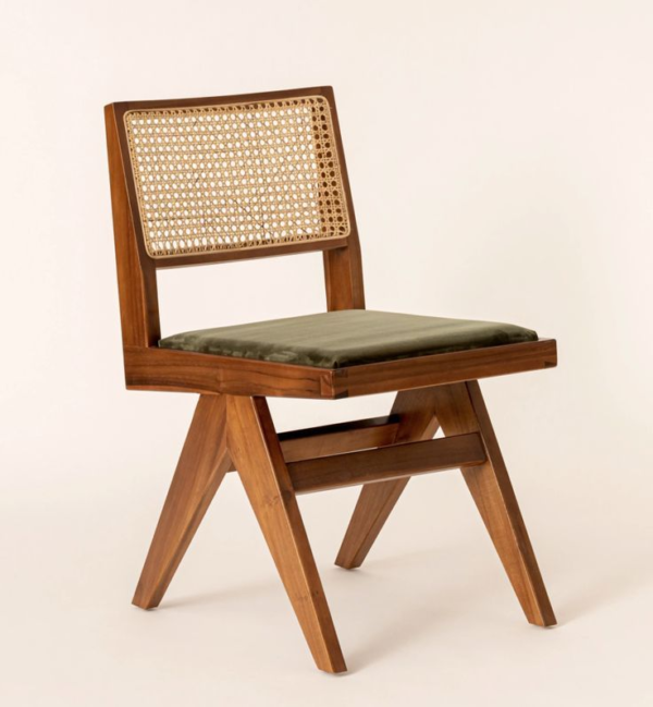 Modern Teak Wood Chair with Rattan Backrest and Green Cushion Seat Perfect for Dining or Accent Seating