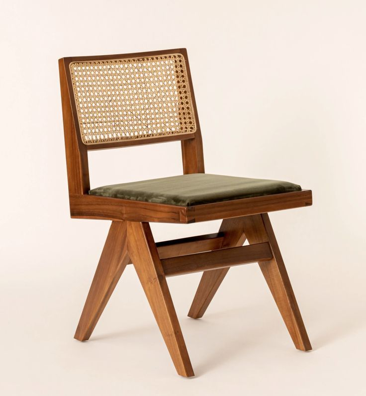 Modern Teak Wood Chair with Rattan Backrest and Green Cushion Seat Perfect for Dining or Accent Seating